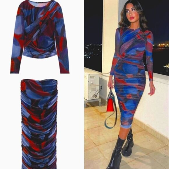 MATCHING SET PRINTED TULLE SKIRT ZARA RED AND BLUE AND WRAP TOP red - Picture 2 of 12